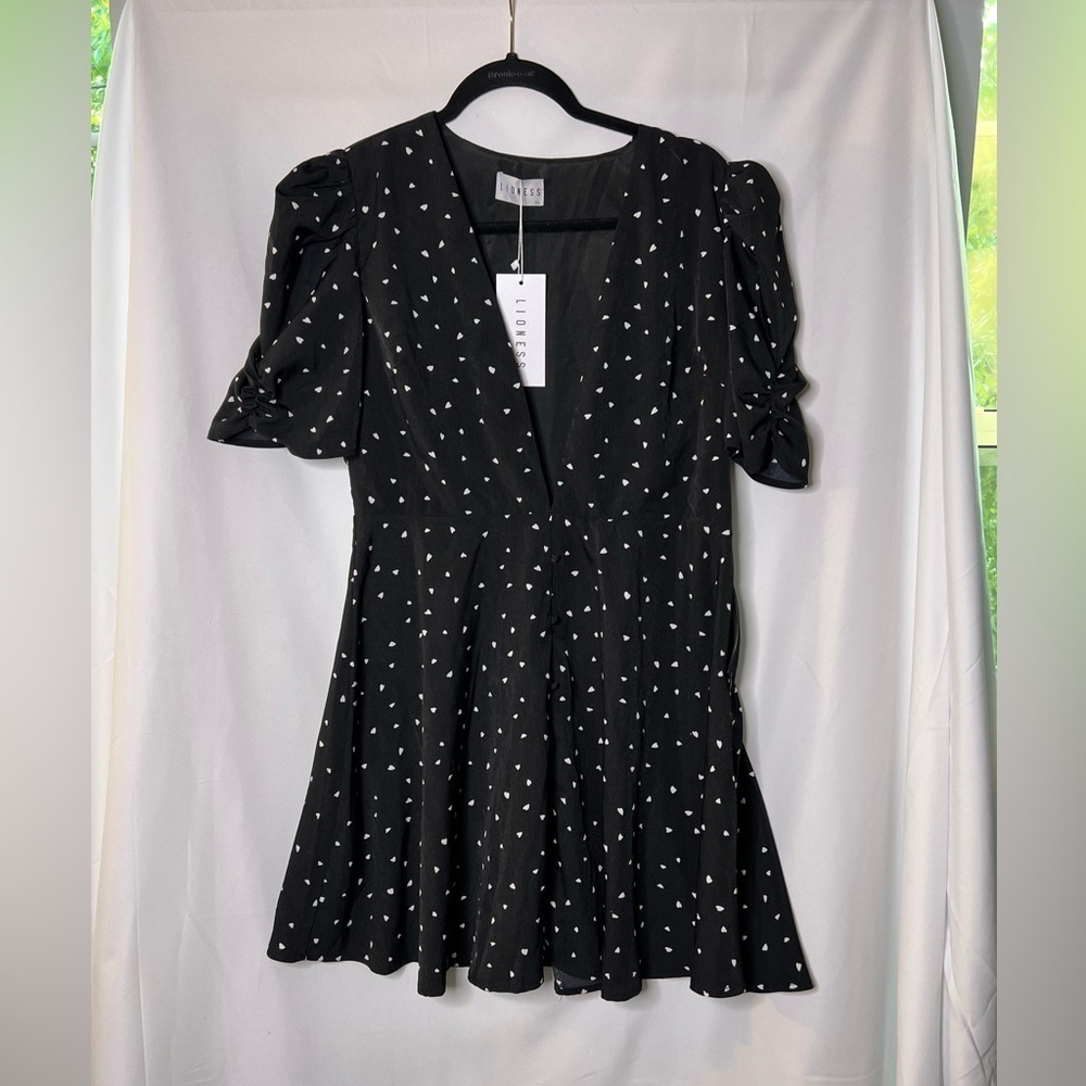 Lioness Black Mini Dress with White Heart Print